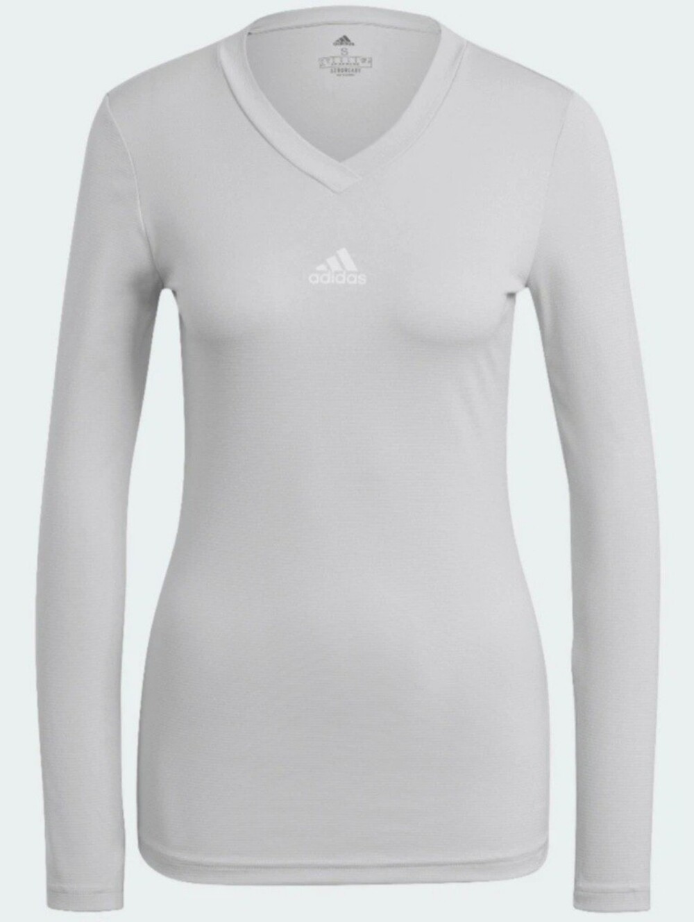 Adidas Women’s Long-Sleeve V-Neck Tee— Light Gray with White Logo (Large)